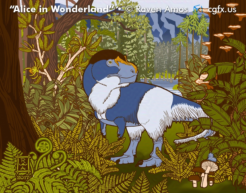 A tyrannosaur type dinosaur, Nanuqsaurus, sporting a coat of speculative feathers as it stands in a forest that would be more at home in a more ancient time with dawn redwoods, cycads, ferns and ginkgo trees. A large blue caterpillar rears up on a mushroom, showing that the dinosaur is actually small, almost a dwarf. © Raven Amos
