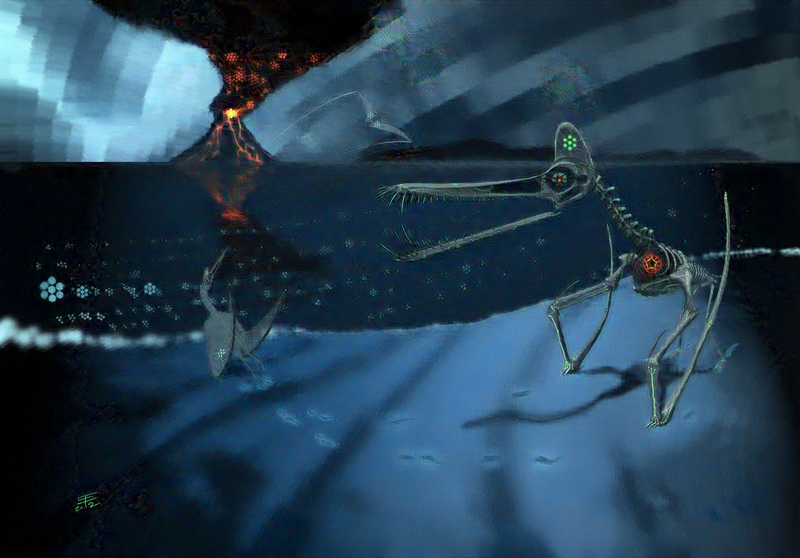 Guidraco, a pterosaur, moves from right to left in this scene, readying for take-off. A volcano erupts in the background..