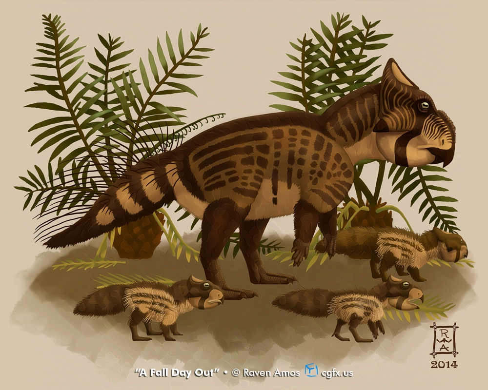 A mother Leptoceratops and her 3 chicks forage in the cycad undergrowth on a fall day. The chicks are small and fuzzy like the chicks of a bird, compared to the mother who has a coarser, darker coat with porcupine-like spines along her striped tail. © Raven Amos