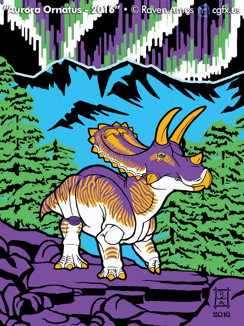 A purple and orange striped Anchiceratops ornatus walks across dark purple rocks as a bright display of aurora borealis shines overhead. The blue snow-covered mountains in the background glow unnaturally as the dinosaur navigates through the forest. © Raven Amos