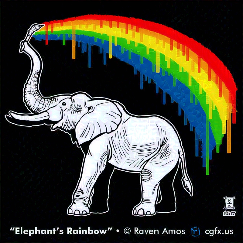 An elephant paints a dripping rainbow in the sky above it with a single small paintbrush. It erupts from the brush in a long swooping motion. The brush strokes are rendered in more painterly style while the elephant is stark and graphical. © Raven Amos