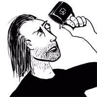 A 3/4 view of the author of this page as a caricature, looking up into an empty mug with a logo on its side.